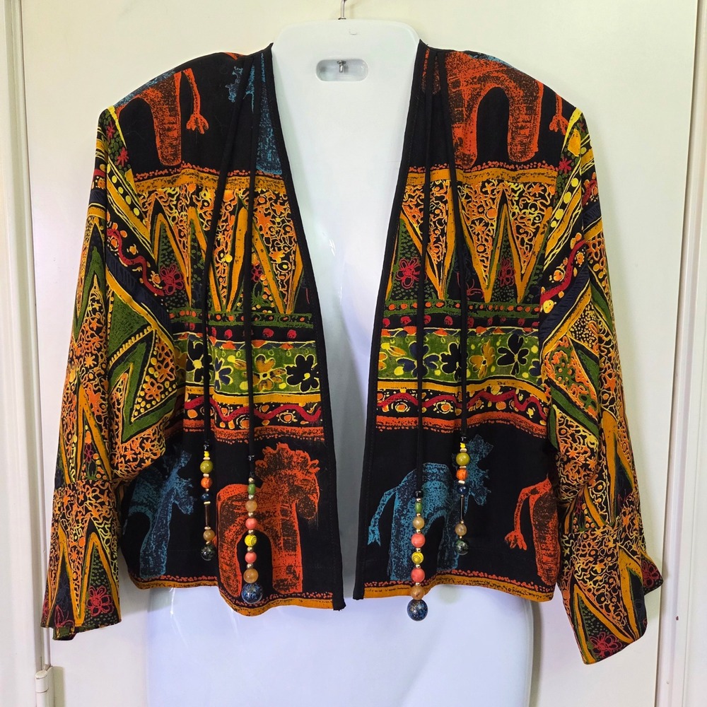 Vintage Dorothy Schoelen Platinum Tribal Animal Print Beaded Cropped Jacket S